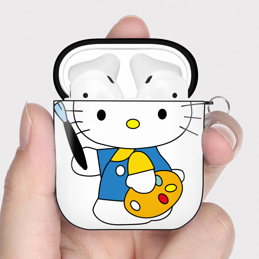 （画像用） Hello Kitty ハローキティ AirPods 第2世代保護ケース ハードシェル ブラック 耐衝撃・防指紋・カラビナ付き