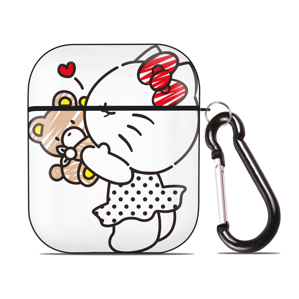 （画像用） Hello Kitty ハローキティ AirPods 第2世代保護ケース ハードシェル ブラック 耐衝撃・防指紋・カラビナ付き