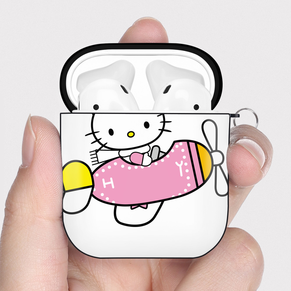 （画像用） Hello Kitty ハローキティ AirPods 第2世代保護ケース ハードシェル ブラック 耐衝撃・防指紋・カラビナ付き