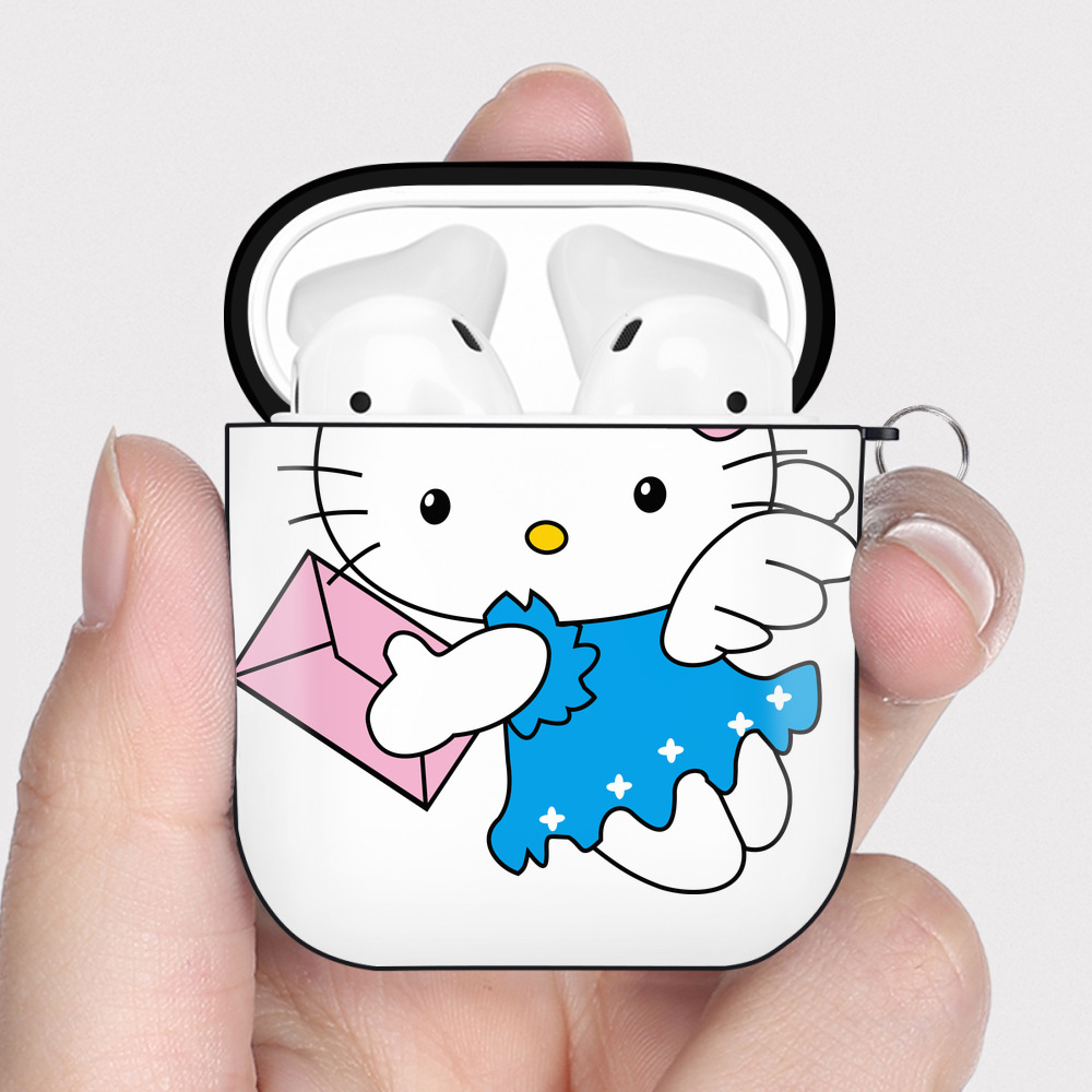 （画像用） Hello Kitty ハローキティ AirPods 第2世代保護ケース ハードシェル ブラック 耐衝撃・防指紋・カラビナ付き