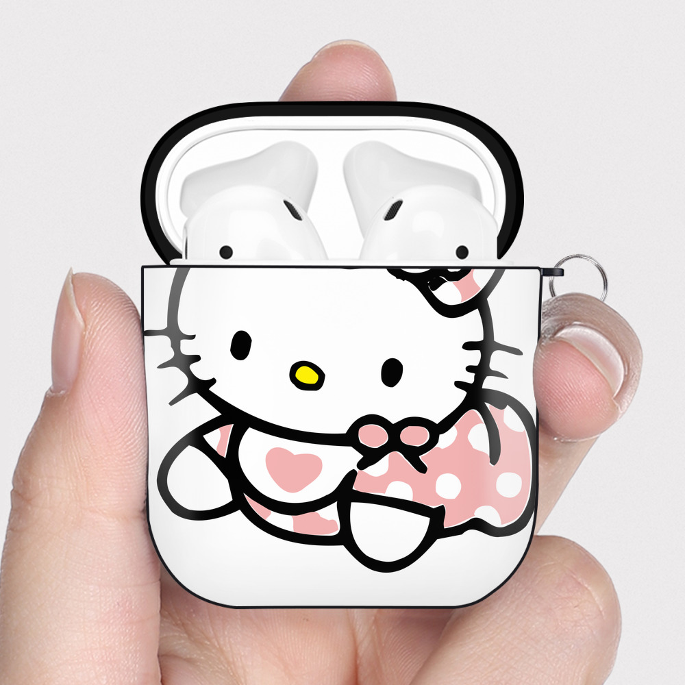 （画像用） Hello Kitty ハローキティ AirPods 第2世代保護ケース ハードシェル ブラック 耐衝撃・防指紋・カラビナ付き