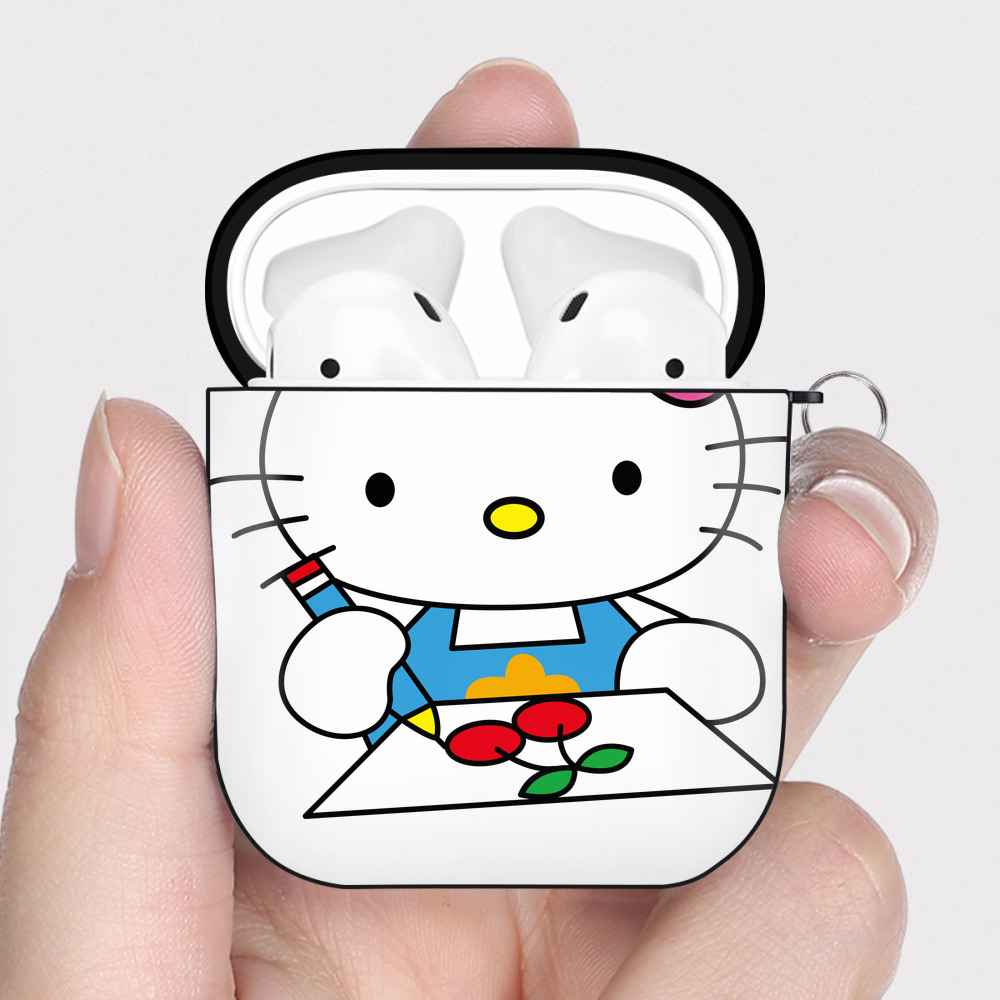（画像用） Hello Kitty ハローキティ AirPods 第2世代保護ケース ハードシェル ブラック 耐衝撃・防指紋・カラビナ付き