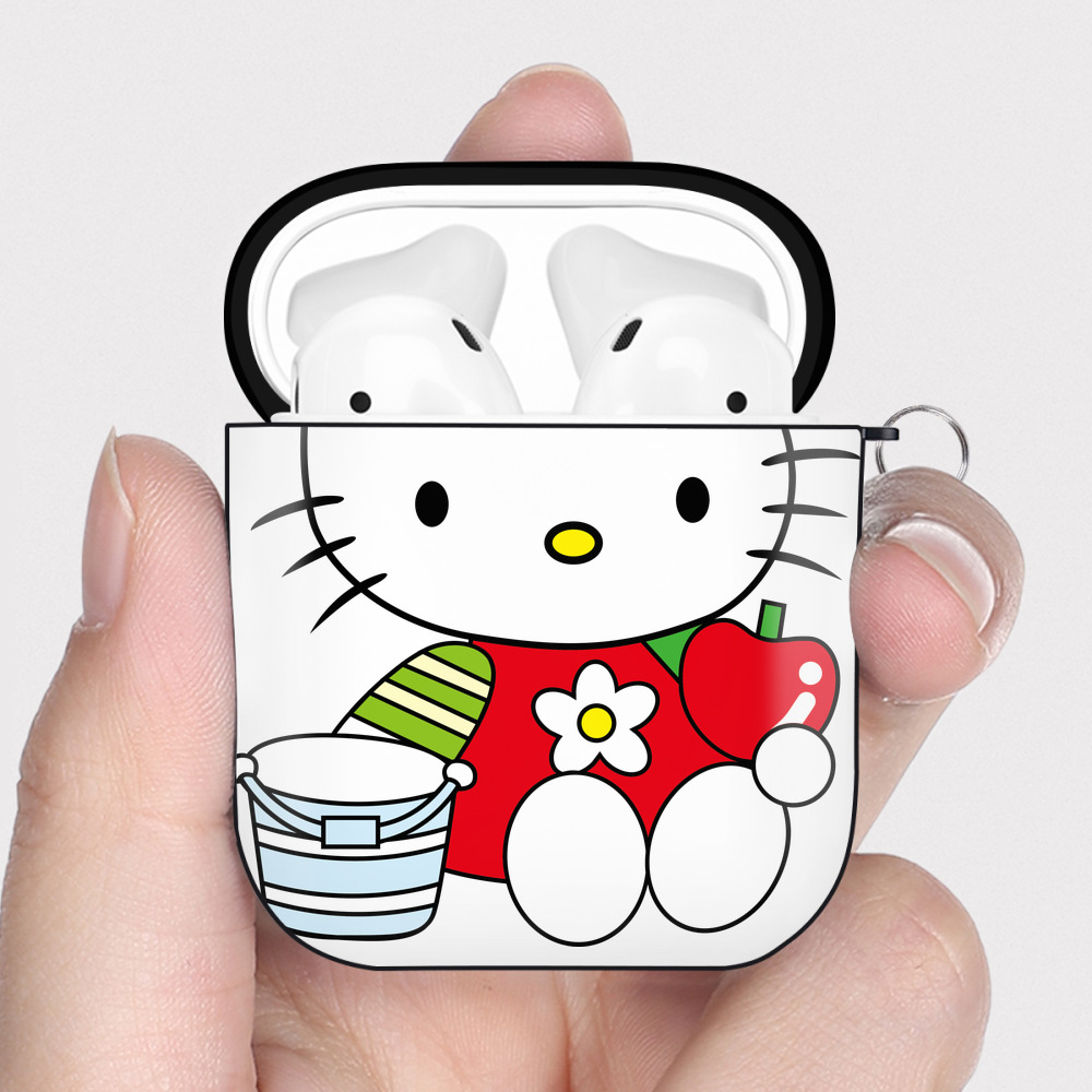 （画像用） Hello Kitty ハローキティ AirPods 第2世代保護ケース ハードシェル ブラック 耐衝撃・防指紋・カラビナ付き