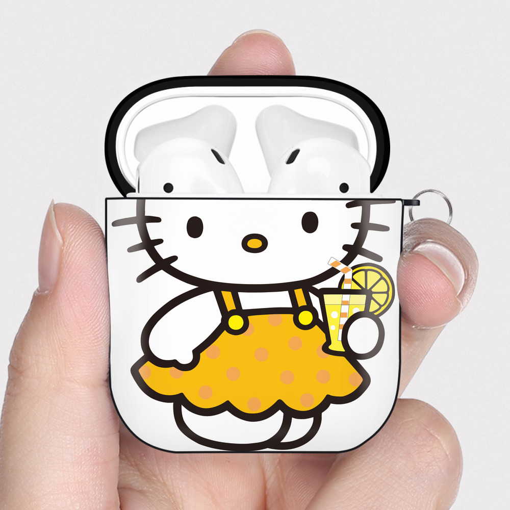 （画像用） Hello Kitty ハローキティ AirPods 第2世代保護ケース ハードシェル ブラック 耐衝撃・防指紋・カラビナ付き
