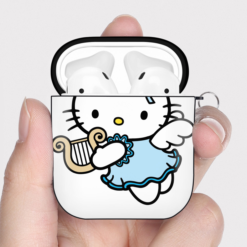 （画像用） Hello Kitty ハローキティ AirPods 第2世代保護ケース ハードシェル ブラック 耐衝撃・防指紋・カラビナ付き