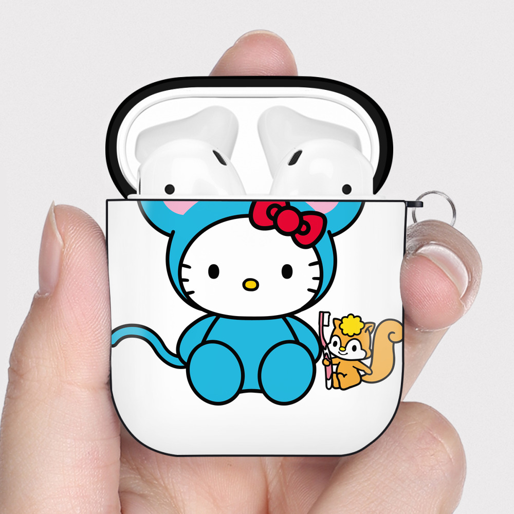 （画像用） Hello Kitty ハローキティ AirPods 第2世代保護ケース ハードシェル ブラック 耐衝撃・防指紋・カラビナ付き