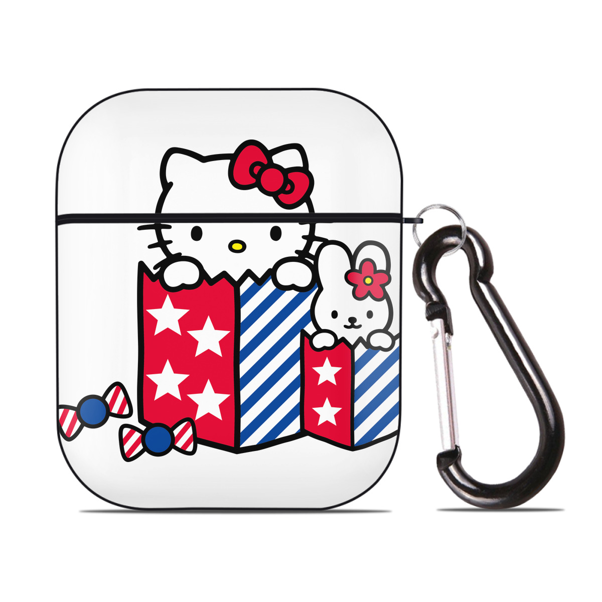 （画像用） Hello Kitty ハローキティ AirPods 第2世代保護ケース ハードシェル ブラック 耐衝撃・防指紋・カラビナ付き