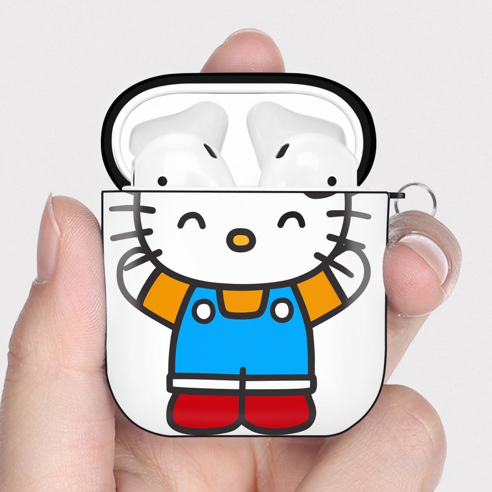 （画像用） Hello Kitty ハローキティ AirPods 第2世代保護ケース ハードシェル ブラック 耐衝撃・防指紋・カラビナ付き