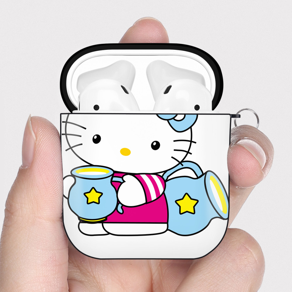 （画像用） Hello Kitty ハローキティ AirPods 第2世代保護ケース ハードシェル ブラック 耐衝撃・防指紋・カラビナ付き