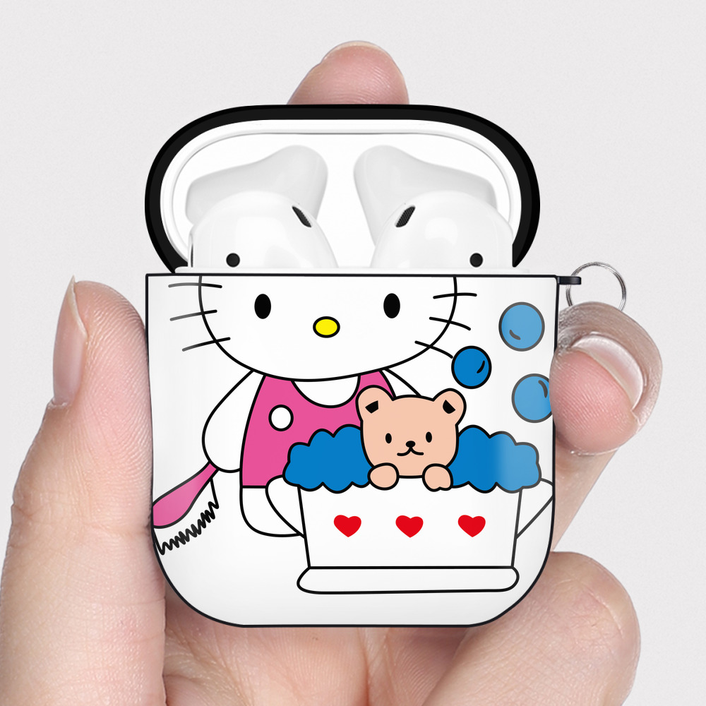 （画像用） Hello Kitty ハローキティ AirPods 第2世代保護ケース ハードシェル ブラック 耐衝撃・防指紋・カラビナ付き