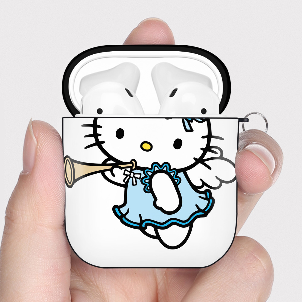 （画像用） Hello Kitty ハローキティ AirPods 第2世代保護ケース ハードシェル ブラック 耐衝撃・防指紋・カラビナ付き