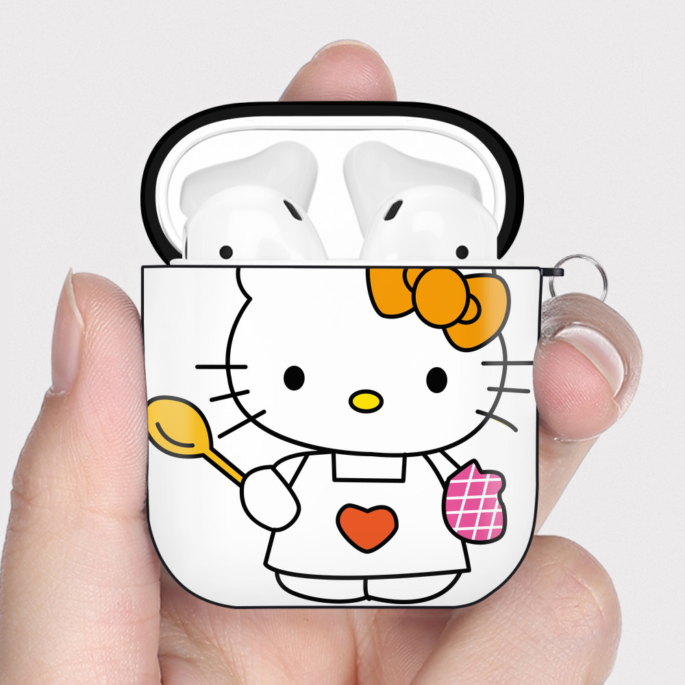 （画像用） Hello Kitty ハローキティ AirPods 第2世代保護ケース ハードシェル ブラック 耐衝撃・防指紋・カラビナ付き