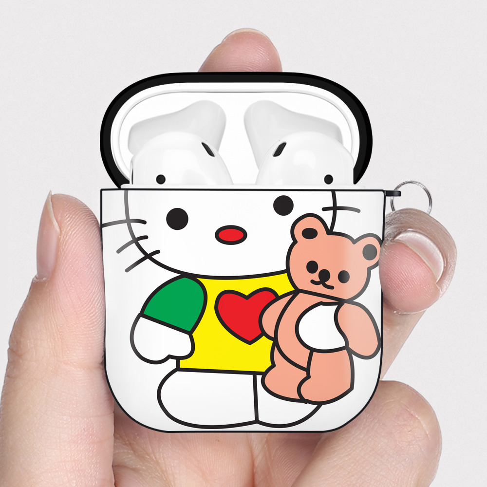 （画像用） Hello Kitty ハローキティ AirPods 第2世代保護ケース ハードシェル ブラック 耐衝撃・防指紋・カラビナ付き