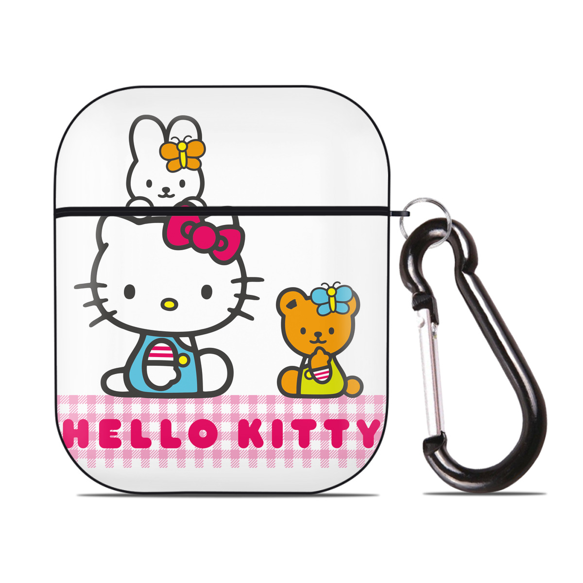 （画像用） Hello Kitty ハローキティ AirPods 第2世代保護ケース ハードシェル ブラック 耐衝撃・防指紋・カラビナ付き