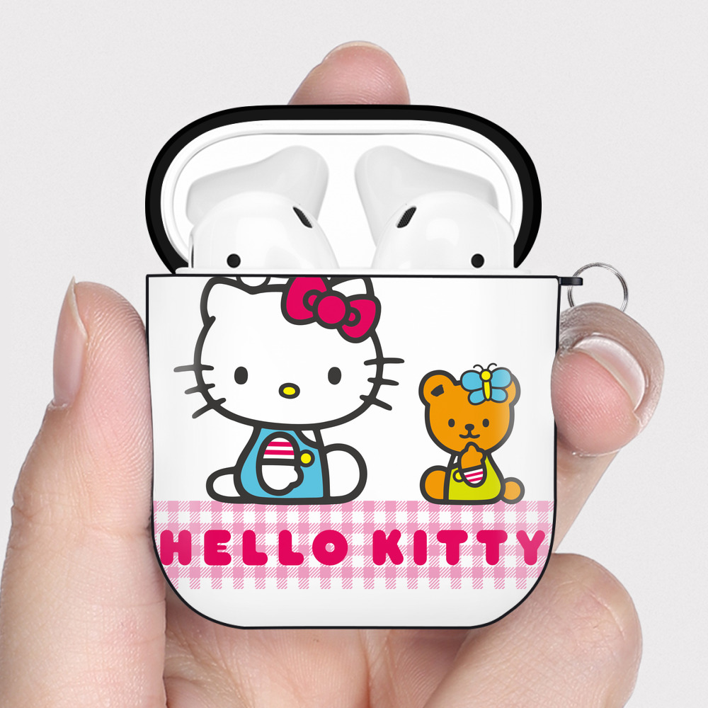 （画像用） Hello Kitty ハローキティ AirPods 第2世代保護ケース ハードシェル ブラック 耐衝撃・防指紋・カラビナ付き