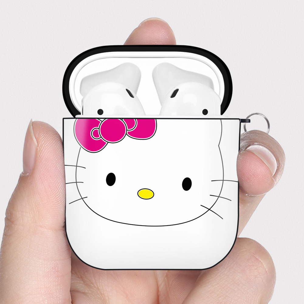 （画像用） Hello Kitty ハローキティ AirPods 第2世代保護ケース ハードシェル ブラック 耐衝撃・防指紋・カラビナ付き