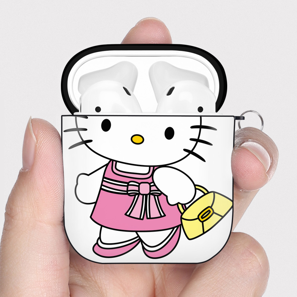 （画像用） Hello Kitty ハローキティ AirPods 第2世代保護ケース ハードシェル ブラック 耐衝撃・防指紋・カラビナ付き