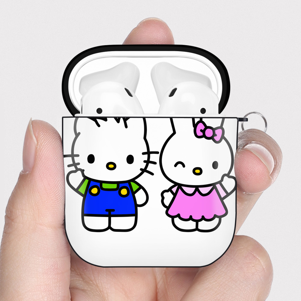（画像用） Hello Kitty ハローキティ AirPods 第2世代保護ケース ハードシェル ブラック 耐衝撃・防指紋・カラビナ付き