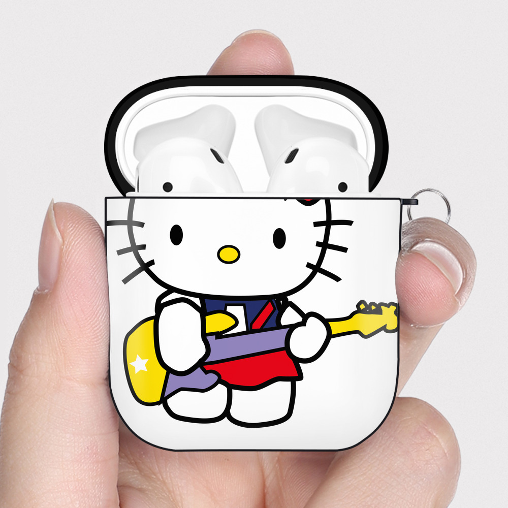 （画像用） Hello Kitty ハローキティ AirPods 第2世代保護ケース ハードシェル ブラック 耐衝撃・防指紋・カラビナ付き