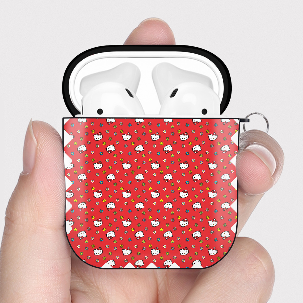 （画像用） Hello Kitty ハローキティ AirPods 第2世代保護ケース ハードシェル ブラック 耐衝撃・防指紋・カラビナ付き