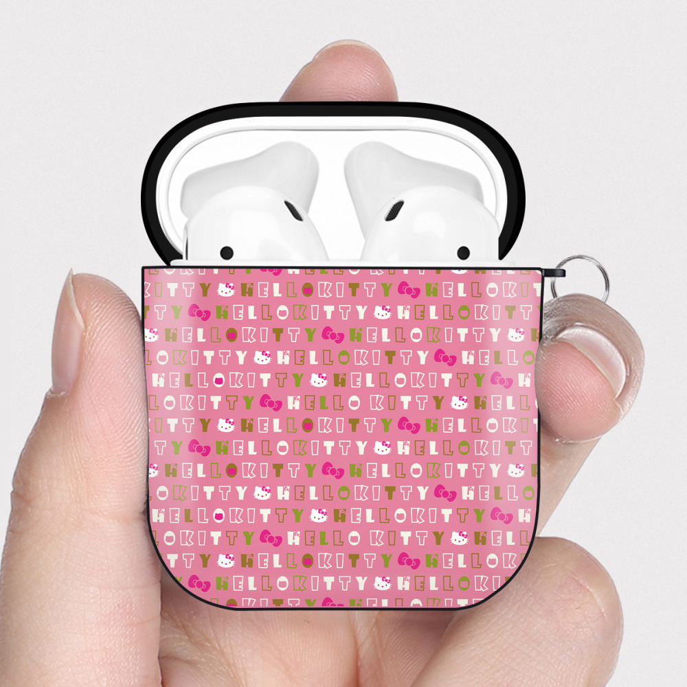 （画像用） Hello Kitty ハローキティ AirPods 第2世代保護ケース ハードシェル ブラック 耐衝撃・防指紋・カラビナ付き