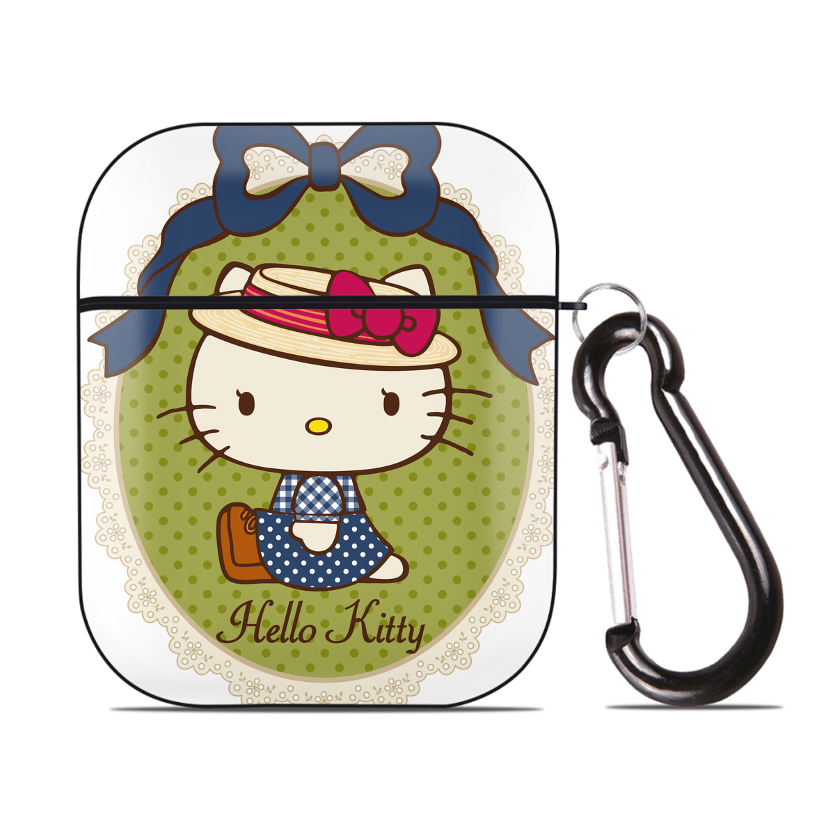 （画像用） Hello Kitty ハローキティ AirPods 第2世代保護ケース ハードシェル ブラック 耐衝撃・防指紋・カラビナ付き