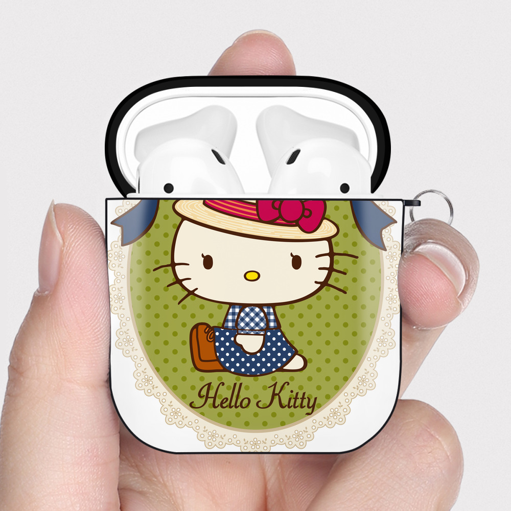 （画像用） Hello Kitty ハローキティ AirPods 第2世代保護ケース ハードシェル ブラック 耐衝撃・防指紋・カラビナ付き