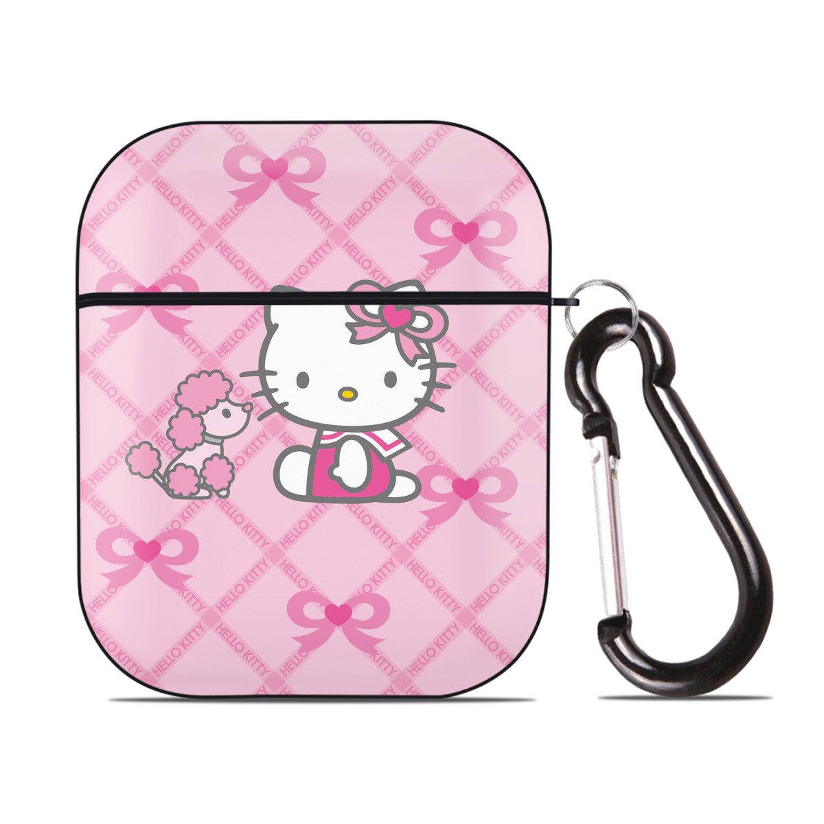 （画像用） Hello Kitty ハローキティ AirPods 第2世代保護ケース ハードシェル ブラック 耐衝撃・防指紋・カラビナ付き