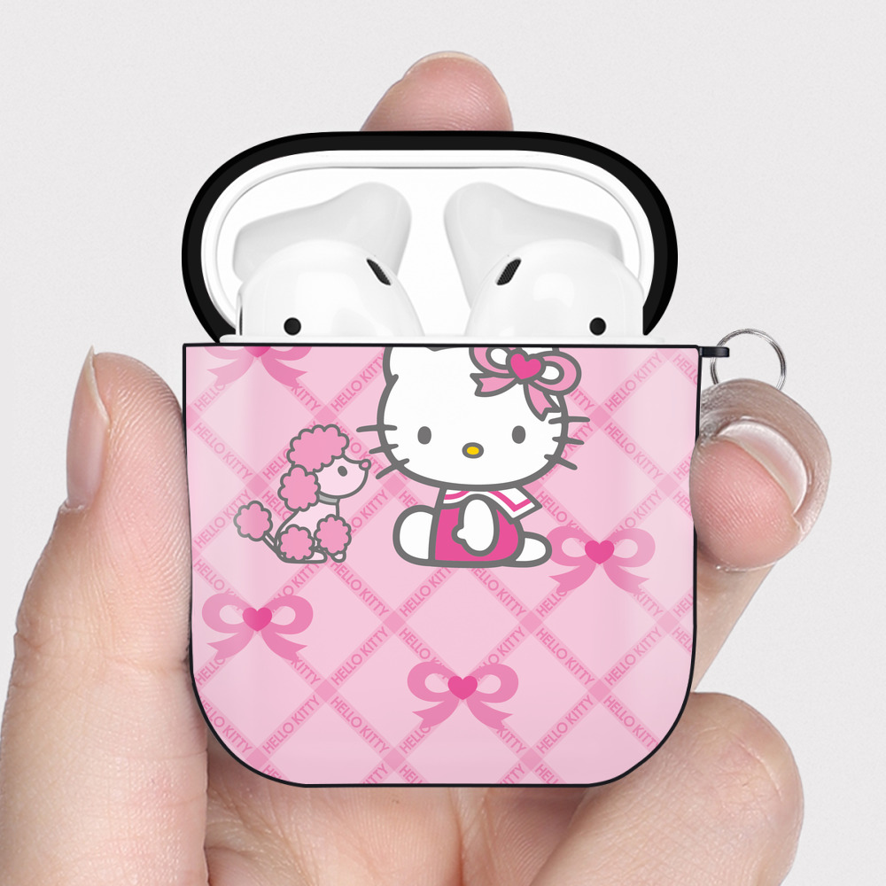（画像用） Hello Kitty ハローキティ AirPods 第2世代保護ケース ハードシェル ブラック 耐衝撃・防指紋・カラビナ付き