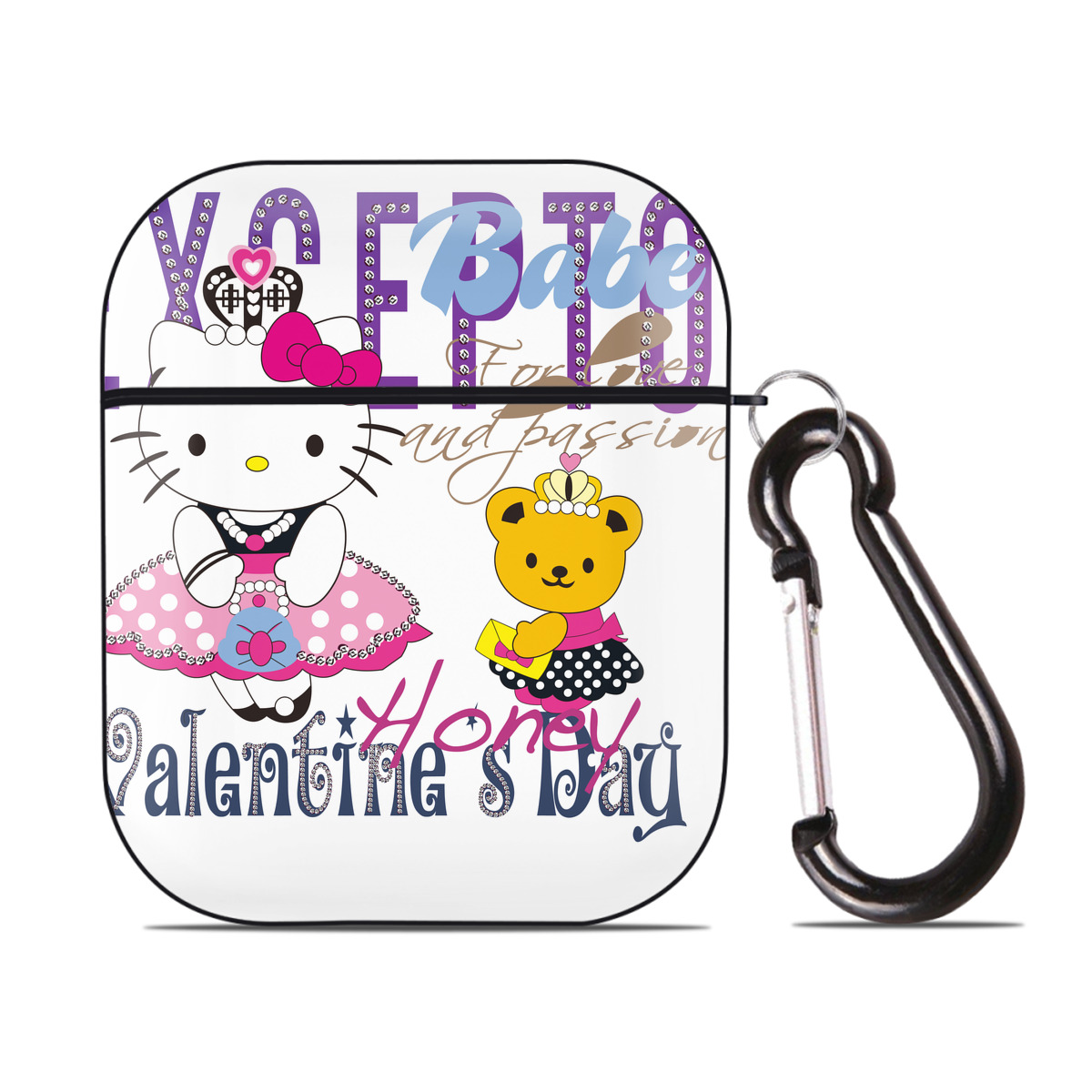 （画像用） Hello Kitty ハローキティ AirPods 第2世代保護ケース ハードシェル ブラック 耐衝撃・防指紋・カラビナ付き