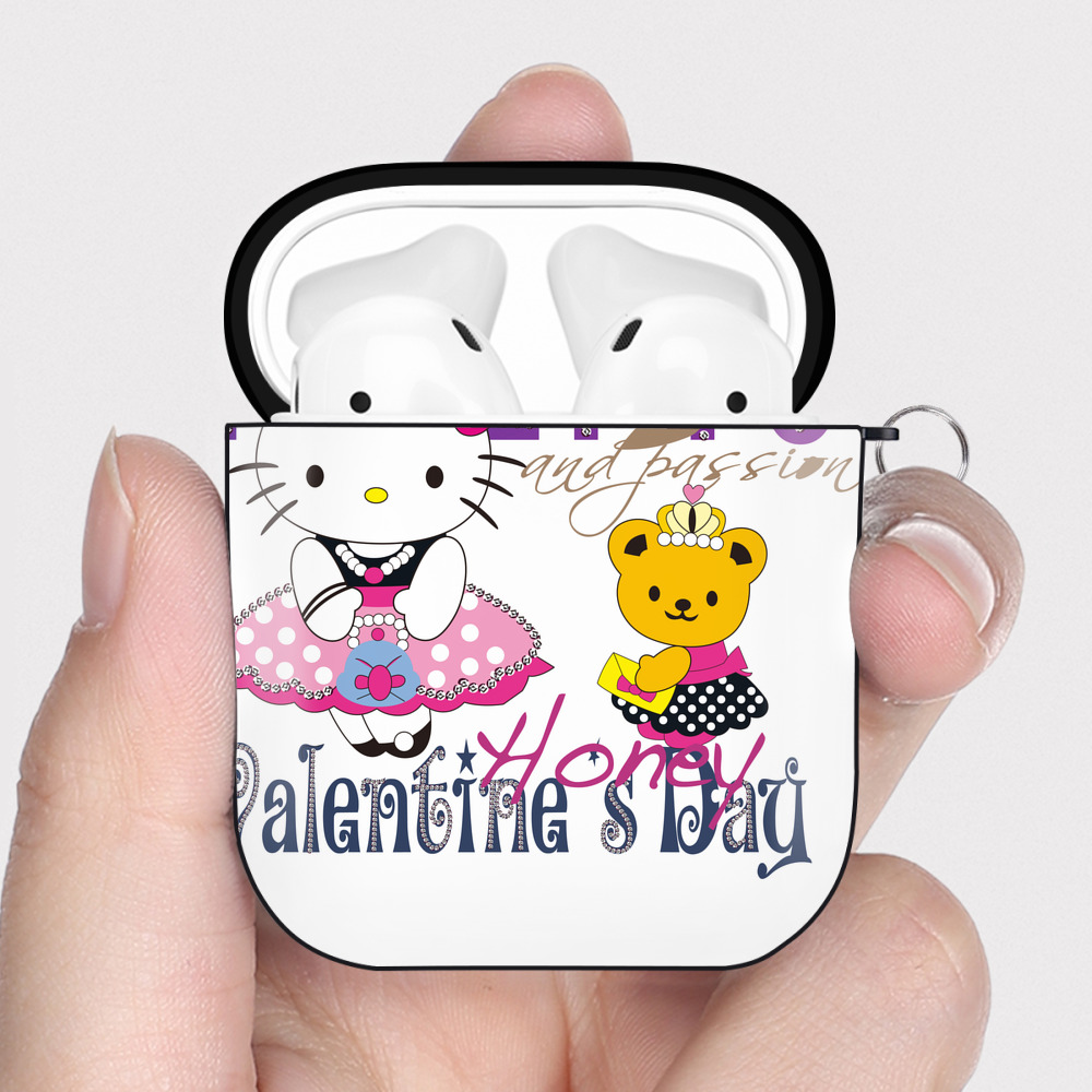 （画像用） Hello Kitty ハローキティ AirPods 第2世代保護ケース ハードシェル ブラック 耐衝撃・防指紋・カラビナ付き