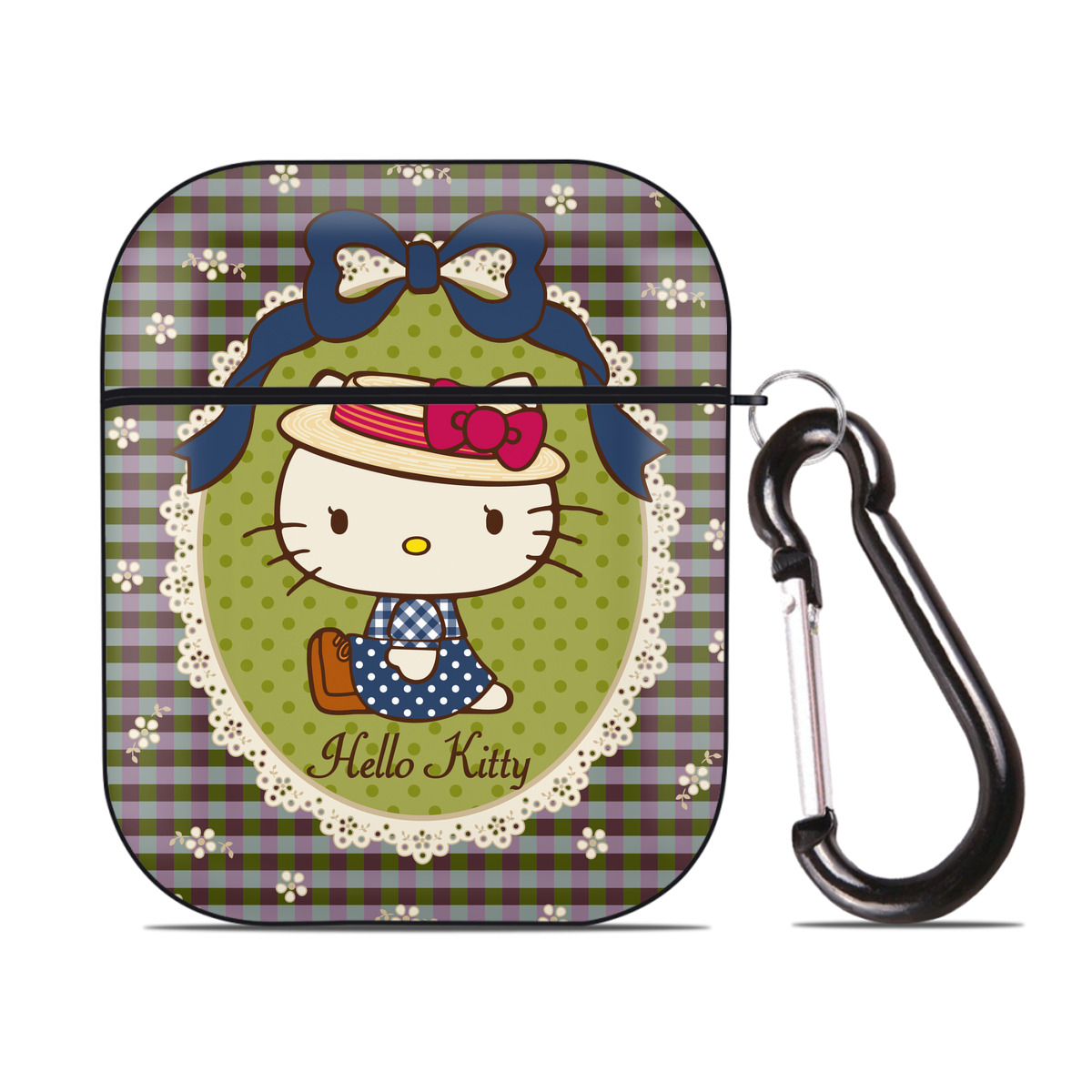 （画像用） Hello Kitty ハローキティ AirPods 第2世代保護ケース ハードシェル ブラック 耐衝撃・防指紋・カラビナ付き