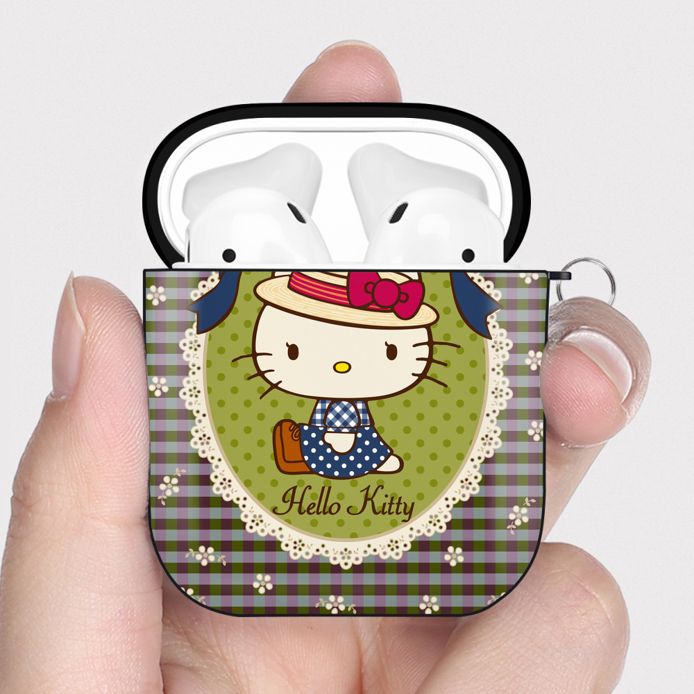 （画像用） Hello Kitty ハローキティ AirPods 第2世代保護ケース ハードシェル ブラック 耐衝撃・防指紋・カラビナ付き