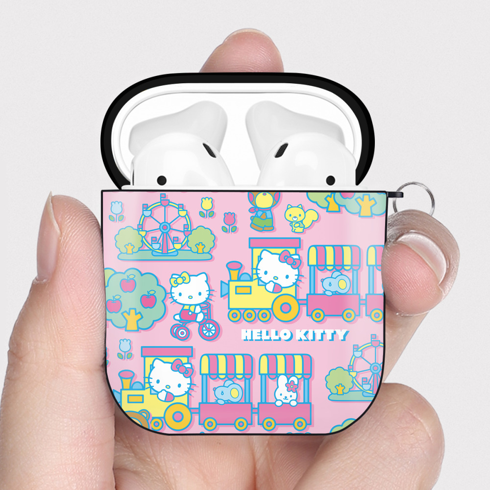 （画像用） Hello Kitty ハローキティ AirPods 第2世代保護ケース ハードシェル ブラック 耐衝撃・防指紋・カラビナ付き