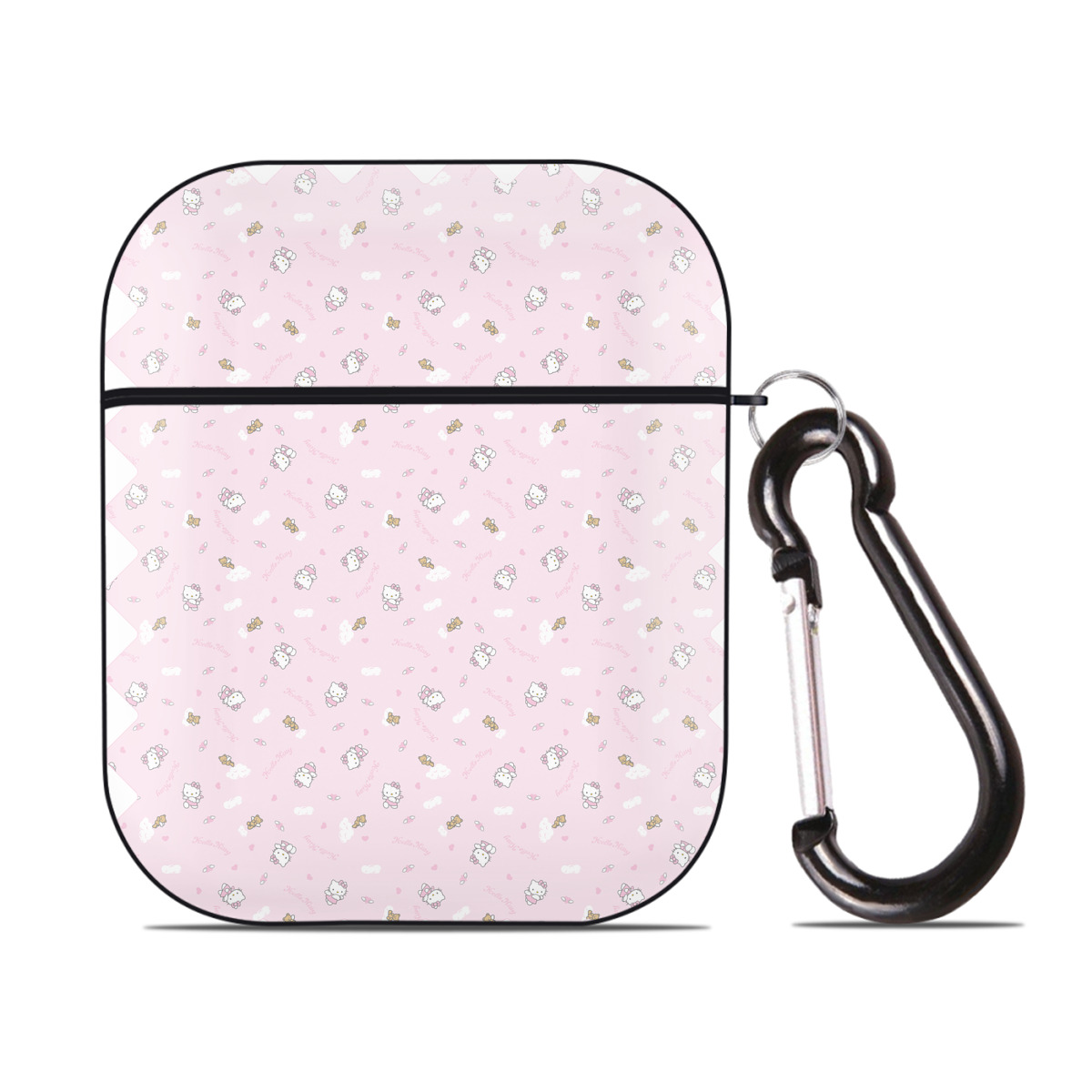 （画像用） Hello Kitty ハローキティ AirPods 第2世代保護ケース ハードシェル ブラック 耐衝撃・防指紋・カラビナ付き