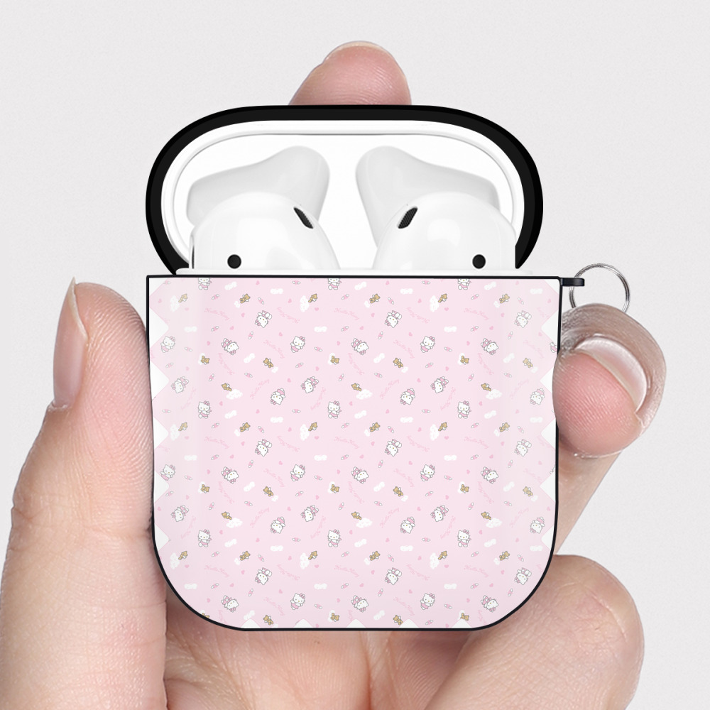 （画像用） Hello Kitty ハローキティ AirPods 第2世代保護ケース ハードシェル ブラック 耐衝撃・防指紋・カラビナ付き