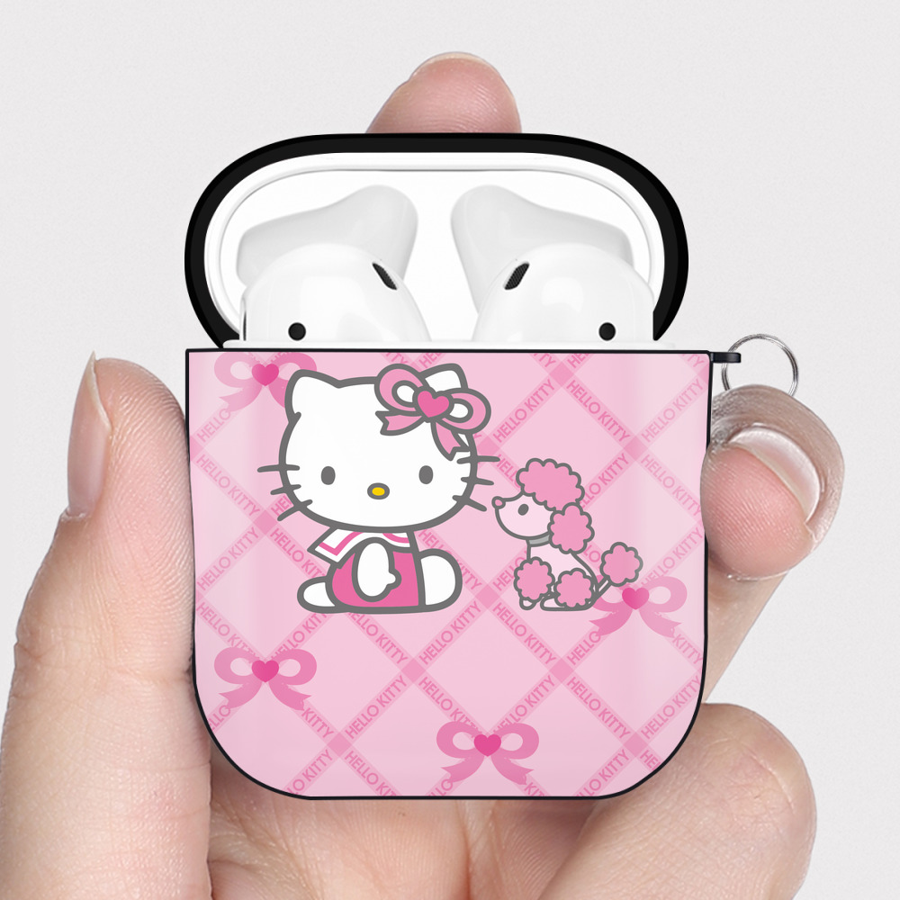 （画像用） Hello Kitty ハローキティ AirPods 第2世代保護ケース ハードシェル ブラック 耐衝撃・防指紋・カラビナ付き