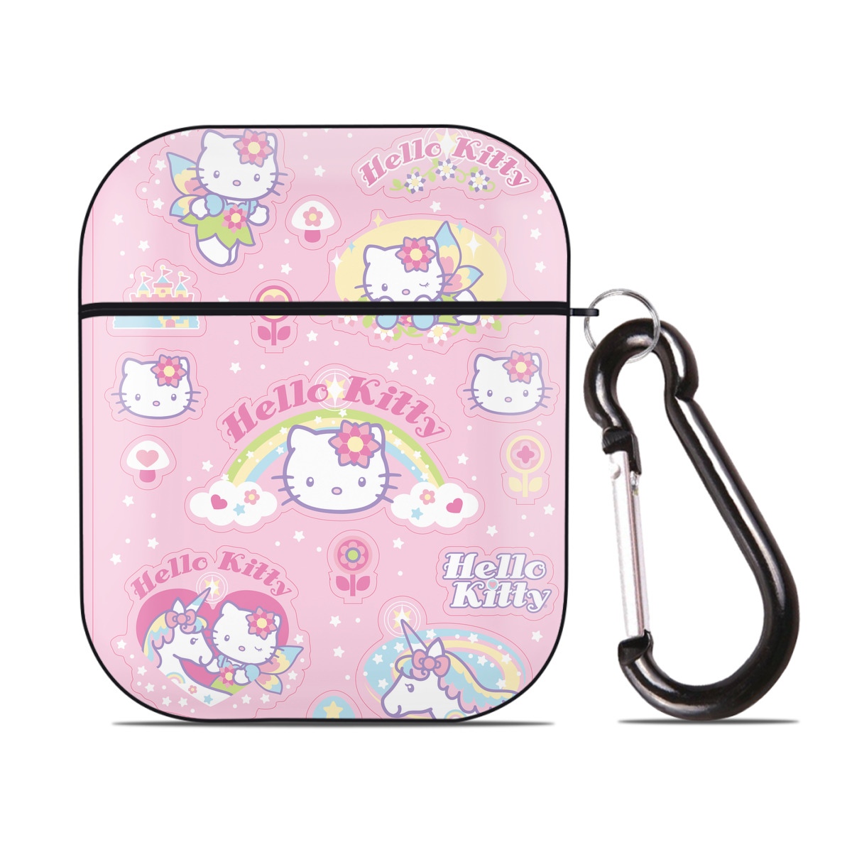 （画像用） Hello Kitty ハローキティ AirPods 第2世代保護ケース ハードシェル ブラック 耐衝撃・防指紋・カラビナ付き