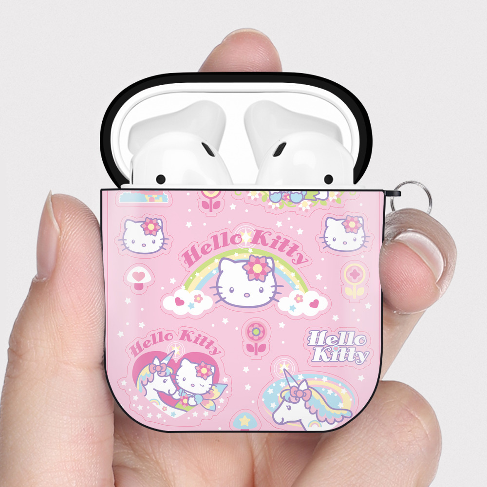 （画像用） Hello Kitty ハローキティ AirPods 第2世代保護ケース ハードシェル ブラック 耐衝撃・防指紋・カラビナ付き