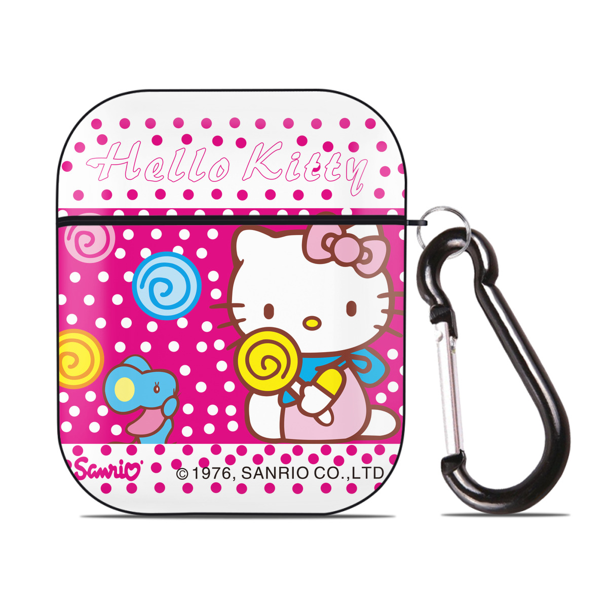 （画像用） Hello Kitty ハローキティ AirPods 第2世代保護ケース ハードシェル ブラック 耐衝撃・防指紋・カラビナ付き