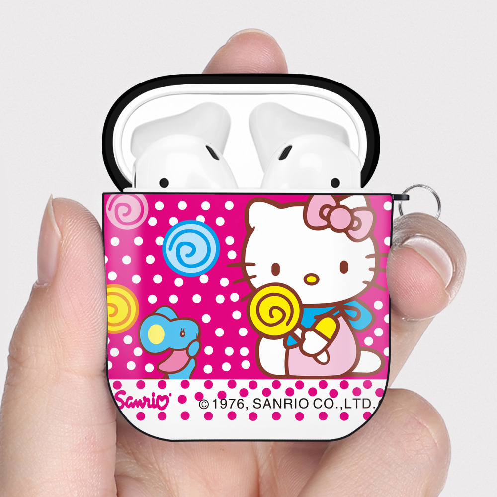 （画像用） Hello Kitty ハローキティ AirPods 第2世代保護ケース ハードシェル ブラック 耐衝撃・防指紋・カラビナ付き