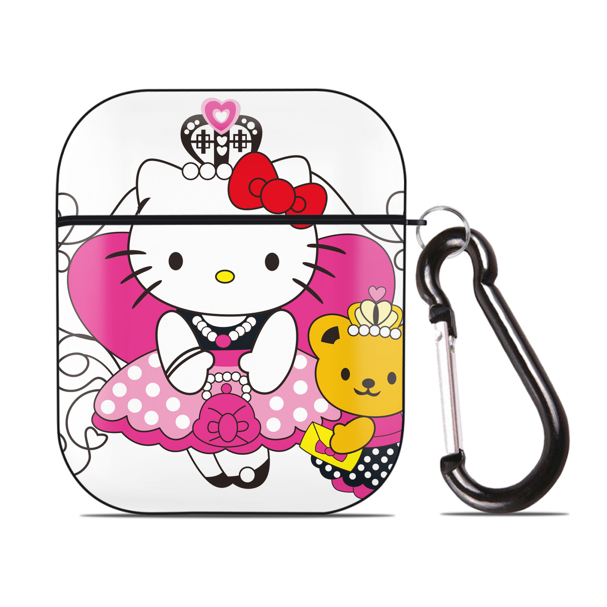 （画像用） Hello Kitty ハローキティ AirPods 第2世代保護ケース ハードシェル ブラック 耐衝撃・防指紋・カラビナ付き