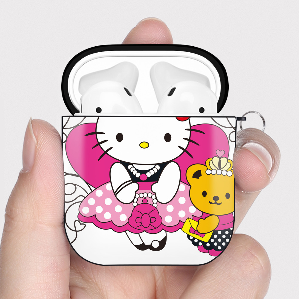 （画像用） Hello Kitty ハローキティ AirPods 第2世代保護ケース ハードシェル ブラック 耐衝撃・防指紋・カラビナ付き