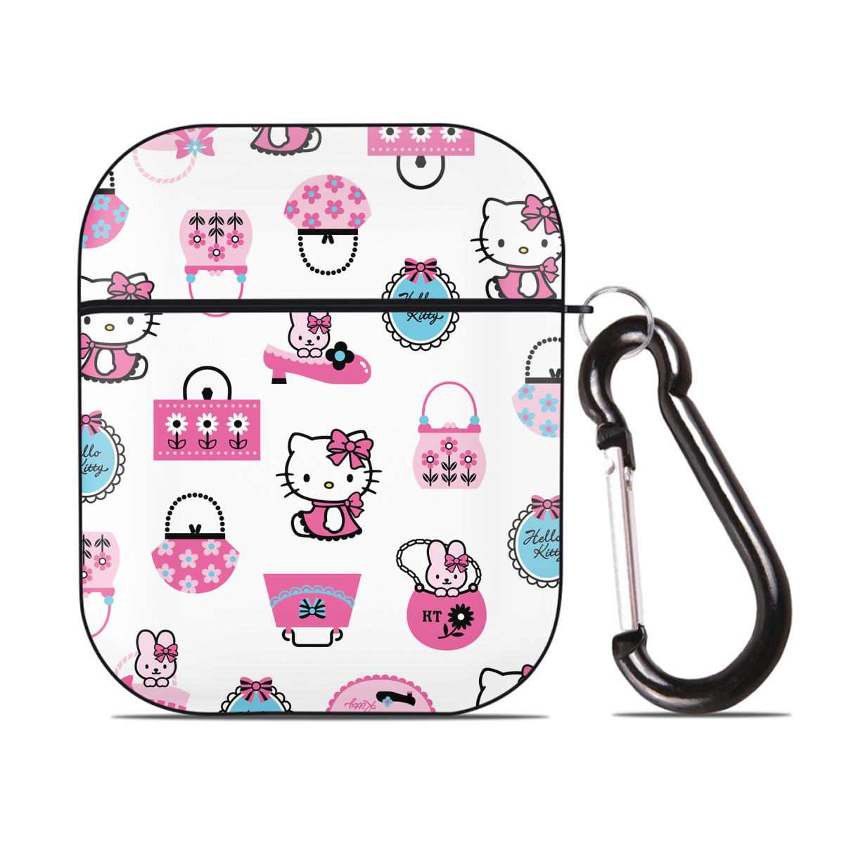（画像用） Hello Kitty ハローキティ AirPods 第2世代保護ケース ハードシェル ブラック 耐衝撃・防指紋・カラビナ付き