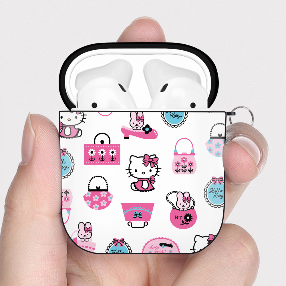 （画像用） Hello Kitty ハローキティ AirPods 第2世代保護ケース ハードシェル ブラック 耐衝撃・防指紋・カラビナ付き