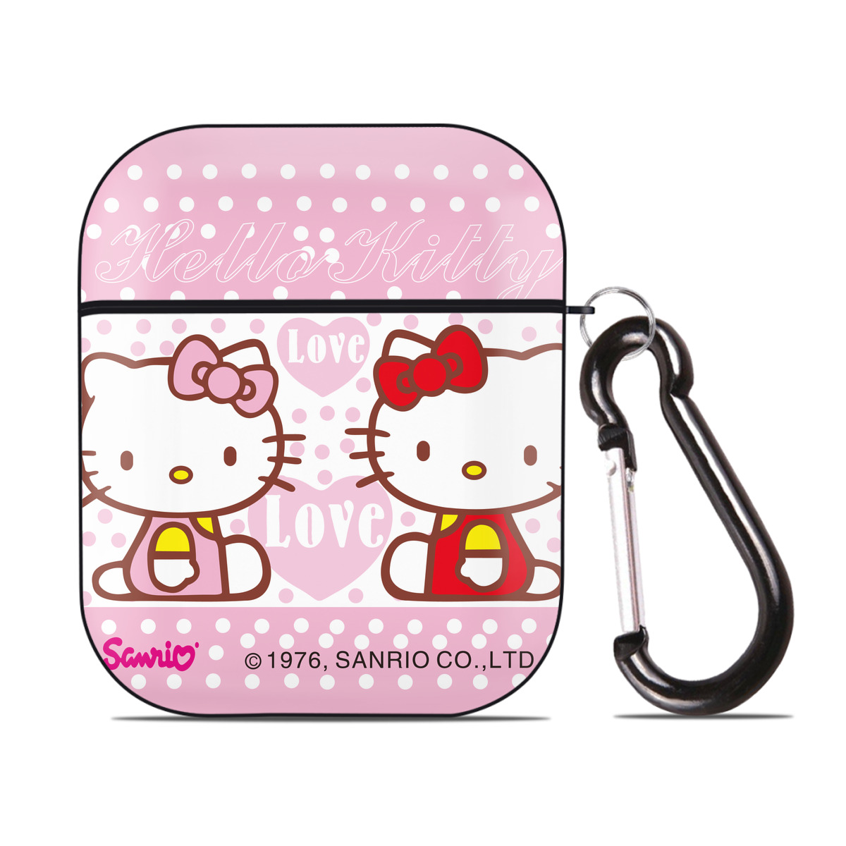 （画像用） Hello Kitty ハローキティ AirPods 第2世代保護ケース ハードシェル ブラック 耐衝撃・防指紋・カラビナ付き
