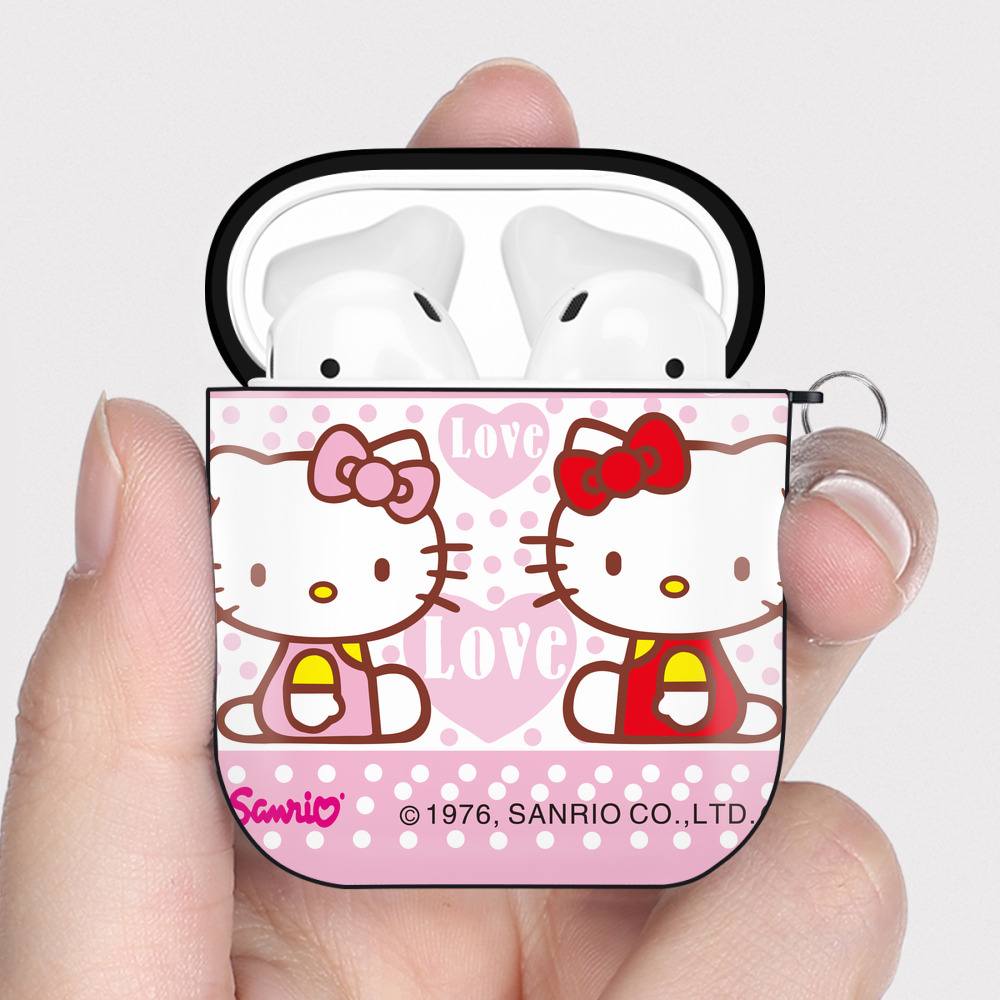 （画像用） Hello Kitty ハローキティ AirPods 第2世代保護ケース ハードシェル ブラック 耐衝撃・防指紋・カラビナ付き