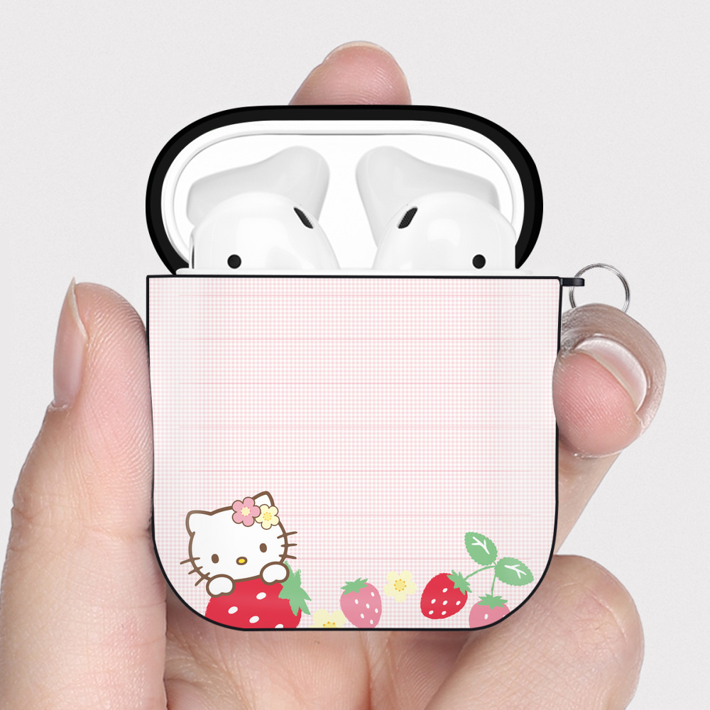 （画像用） Hello Kitty ハローキティ AirPods 第2世代保護ケース ハードシェル ブラック 耐衝撃・防指紋・カラビナ付き