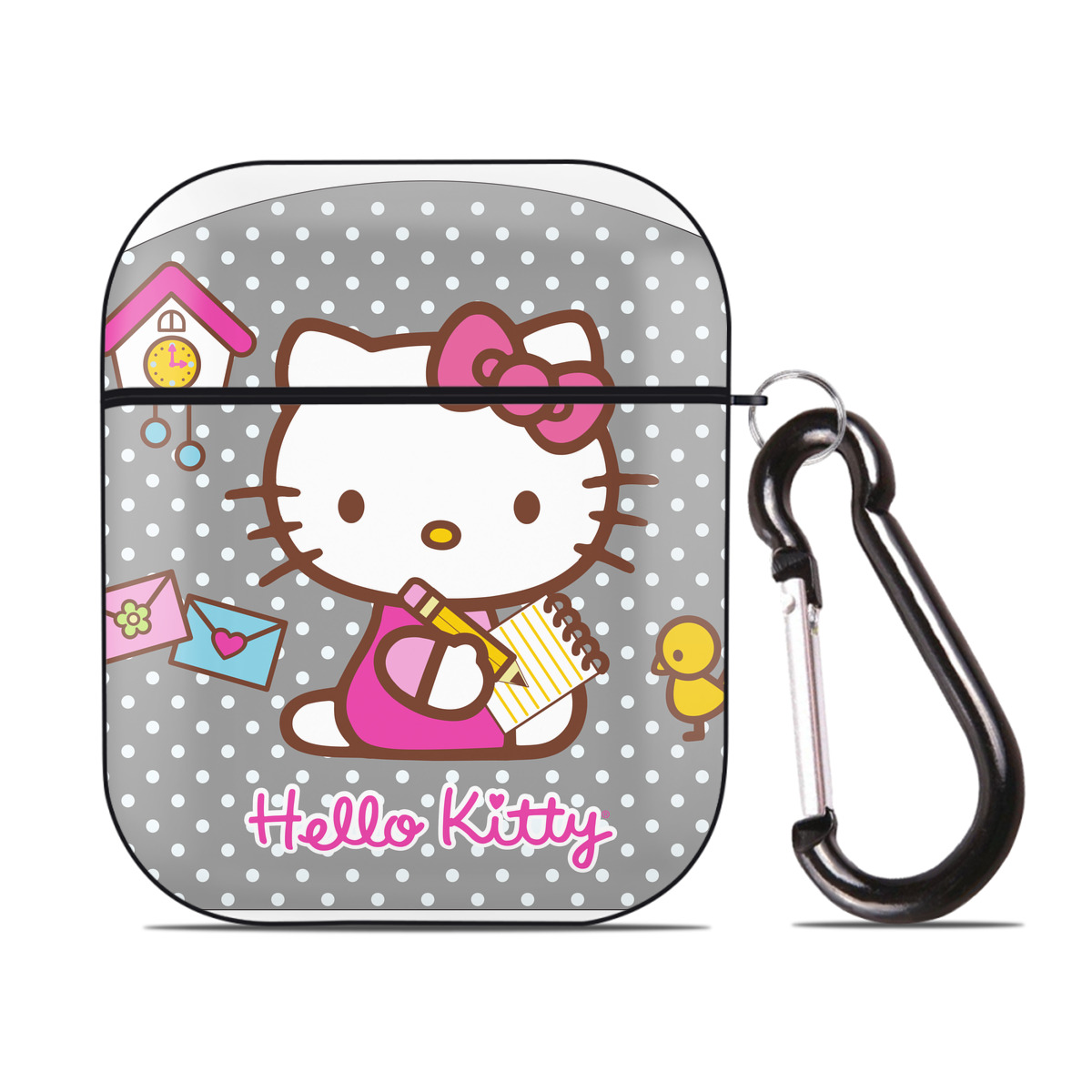 （画像用） Hello Kitty ハローキティ AirPods 第2世代保護ケース ハードシェル ブラック 耐衝撃・防指紋・カラビナ付き