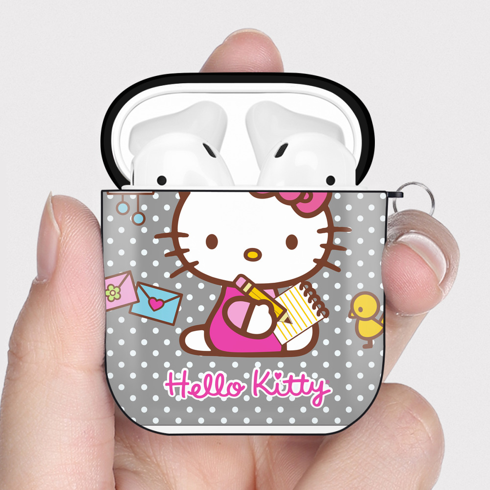 （画像用） Hello Kitty ハローキティ AirPods 第2世代保護ケース ハードシェル ブラック 耐衝撃・防指紋・カラビナ付き